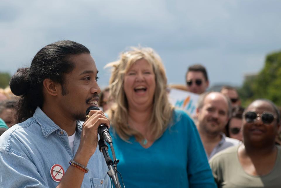 Rep. Justin Jones, D- Nashville speaks before Rep. Gloria Johnson, D- Knoxville, announces her campaign for U.S. Senate in 2024, at the Tennessee Woman Suffrage Monument Centennial Park in Nashville, Tenn., Tuesday, Sept. 5, 2023.