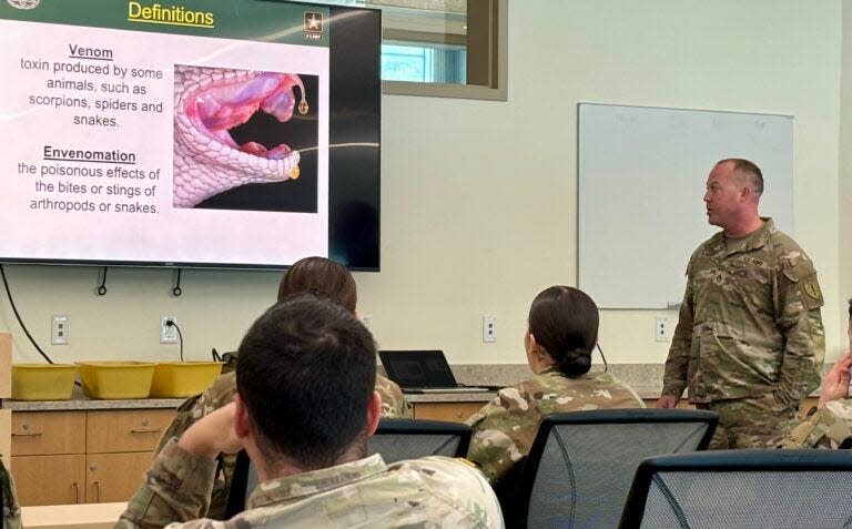 National Guard Staff Sgt. Matthew Plantier told 15 soldiers headed to help patrol the border in Del Rio, Texas, that snakes, scorpions, and disease are among their biggest safety threats during deployment.