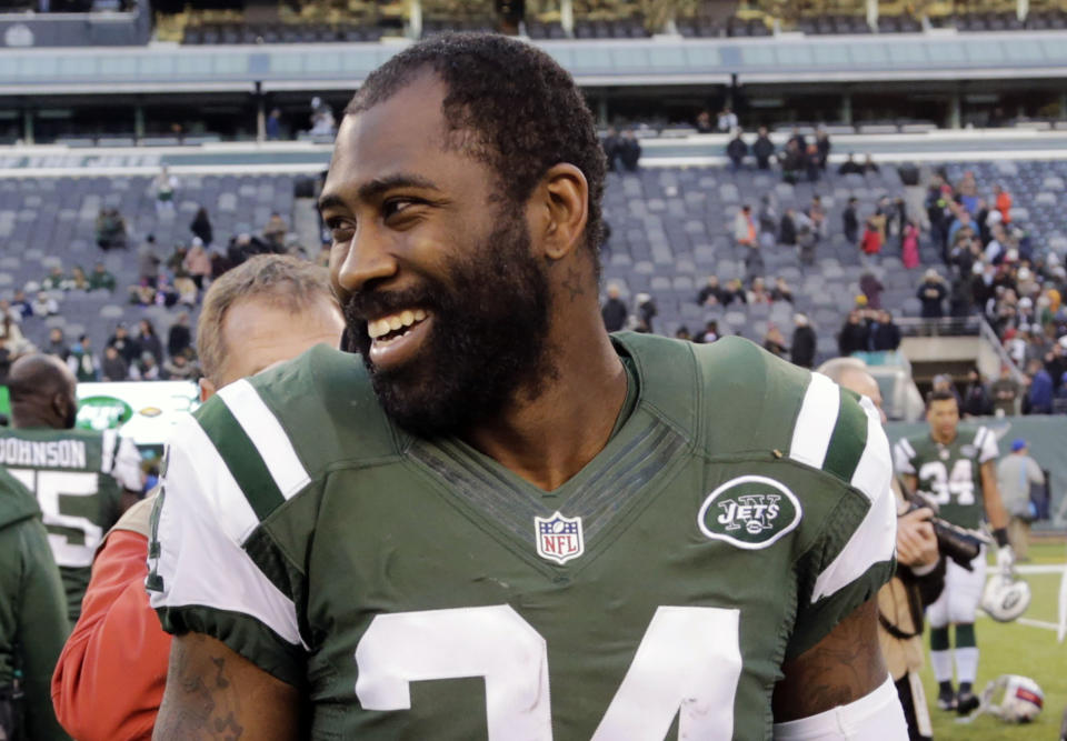 FILE - New York Jets cornerback Darrelle Revis walks on the field after an NFL football game against the Buffalo Bills in East Rutherford, N.J., Jan. 1, 2017. Six-time All-Pro offensive lineman Joe Thomas and lockdown cornerback Revis got voted into the Pro Football Hall of Fame on their first try. Thomas and Revis join a new class of Hall of Famers announced Thursday, Feb. 9, 2023. (AP Photo/Seth Wenig, File)