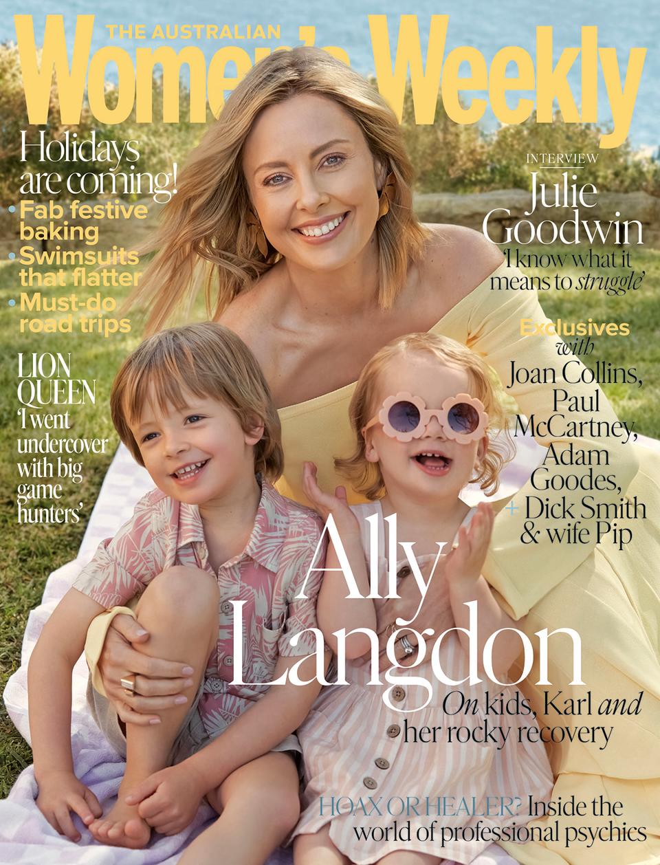 Today show host Allison Langdon poses in a yellow dress with her son and daughter on the cover of The Australian Women's Weekly. Photo: supplied.