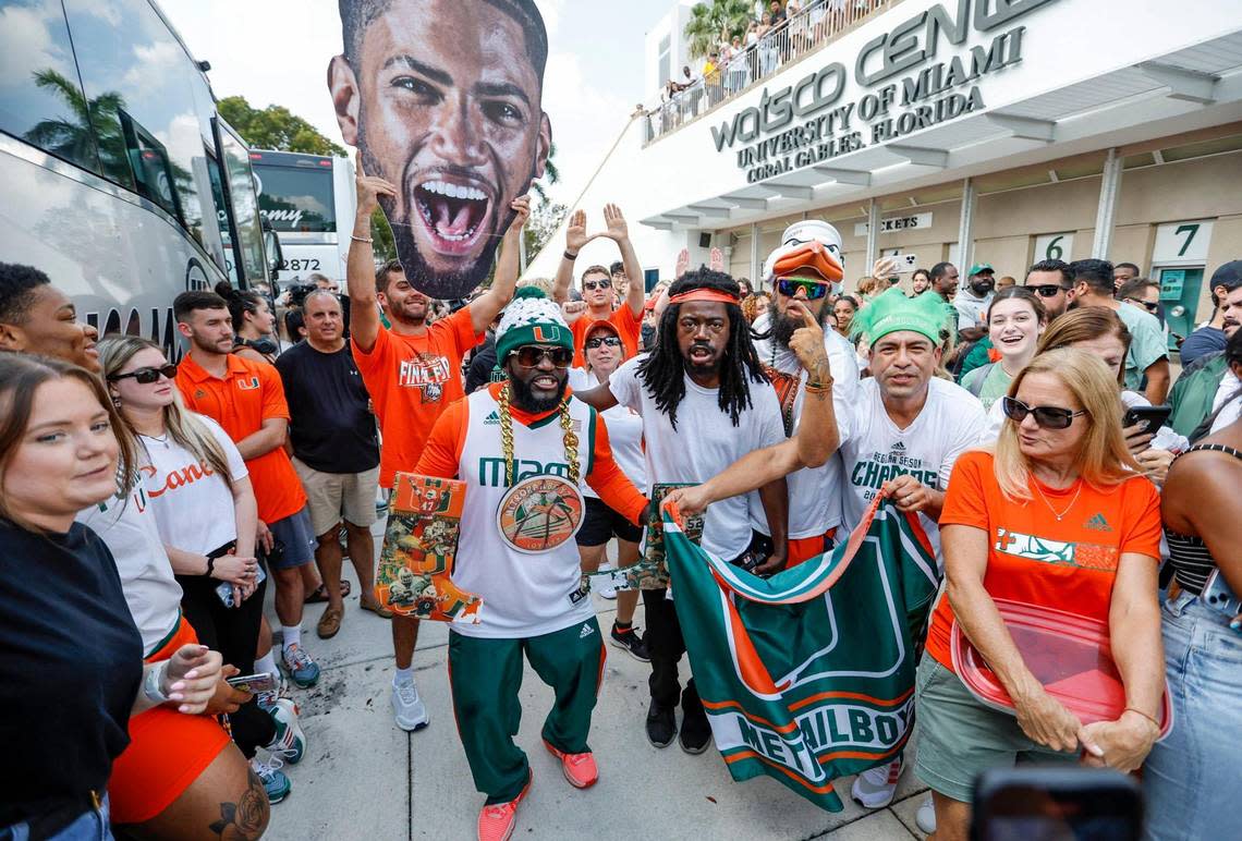 Miami Hurricanes fans turn out for the men’s basketball team send-off to the NCAA Final Four outside the University of Miami’s Watsco Center on Wednesday, March 29, 2023.