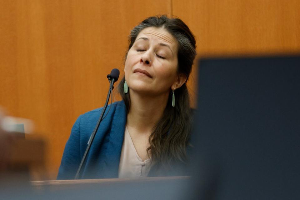 Polly Grasham, daughter of Terry Sanderson,  reacts to questioning in court on Thursday, March 23, 2023, in Park City, Utah. (AP)