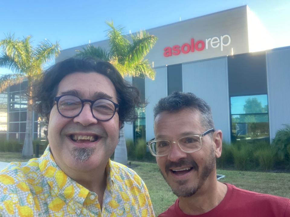 The creators of “Twelve Angry Men: A New Musical,” book writer David Simpatico, left, and composer-lyricist Michael Holland, outside the Asolo Repertory Theatre production center.