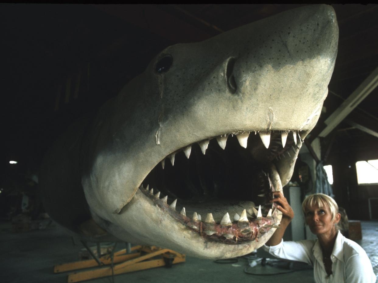 Valerie Taylor photographed underneath the famous mechanical shark from 'Jaws' (Photo: Disney+)
