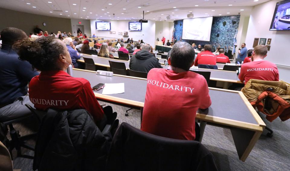 Members of the Rockland Community College Federation of Teachers Local 1871 and Rockland Community College Federation of Administrators attend a Board of Trustees meeting at the college in Viola Jan. 29, 2024.