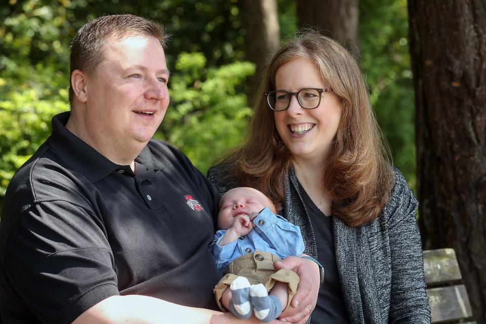 Pete and Leanne Wetzel with their son Charlie at Bainbridge Island's Waterfront Park on May 19.
