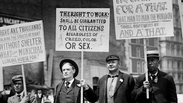 Parade of Unemployed Men Carrying Signs, New York City, New York, USA, Bain News Service (May 1909)<span class="copyright">Library of Congress via HBO</span>