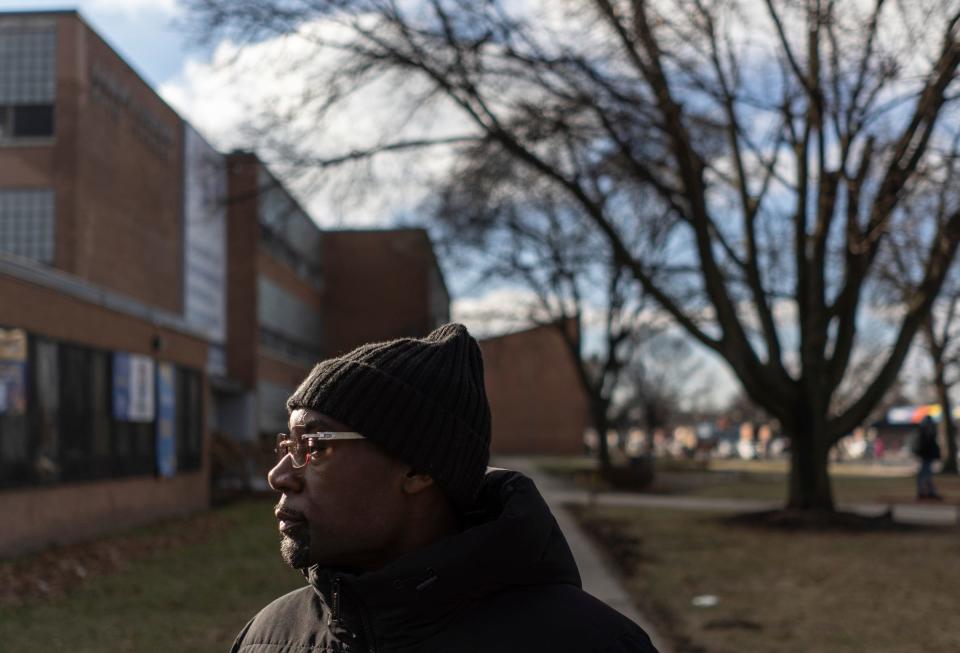 David Daniels, 43, of Detroit, a member of the 5s from the Red Zone, talks about things going on after speaking with rival gang members from the 4s and 5s as they united to preach peace and an end to violence in the aftermath of the killing of 11-year-old Latrelle Mines in early January during an assembly at Osborn High School on Friday, Feb. 2, 2023.