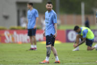 Argentina's Lionel Messsi looks on during a team training session at the Argentina Soccer Association in Buenos Aires, Argentina, Tuesday, March 21, 2023.(AP Photo/Gustavo Garello)