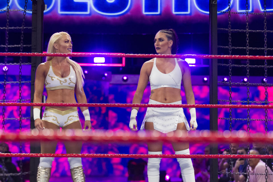 Mandy Rose (left) and Sonya Deville (right) will compete for the WWE Women’s Tag Team titles at Elimination Chamber on Sunday. (Courtesy WWE)