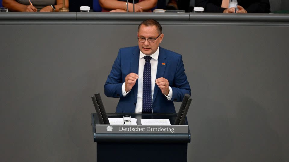 Tino Chrupalla, co-leader of the AfD, gives a speech on the 2024 state budget at the Bundestag. - John MacDougall/AFP/Getty Images