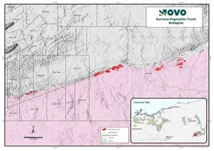 Location Map showing mapped pegmatite bodies (red polygons), contact of the Kurrana Granitic Complex (pink polygon) and granted Novo tenements in the western sector of the Kurrana Pegmatite Trend, over regional topography image.