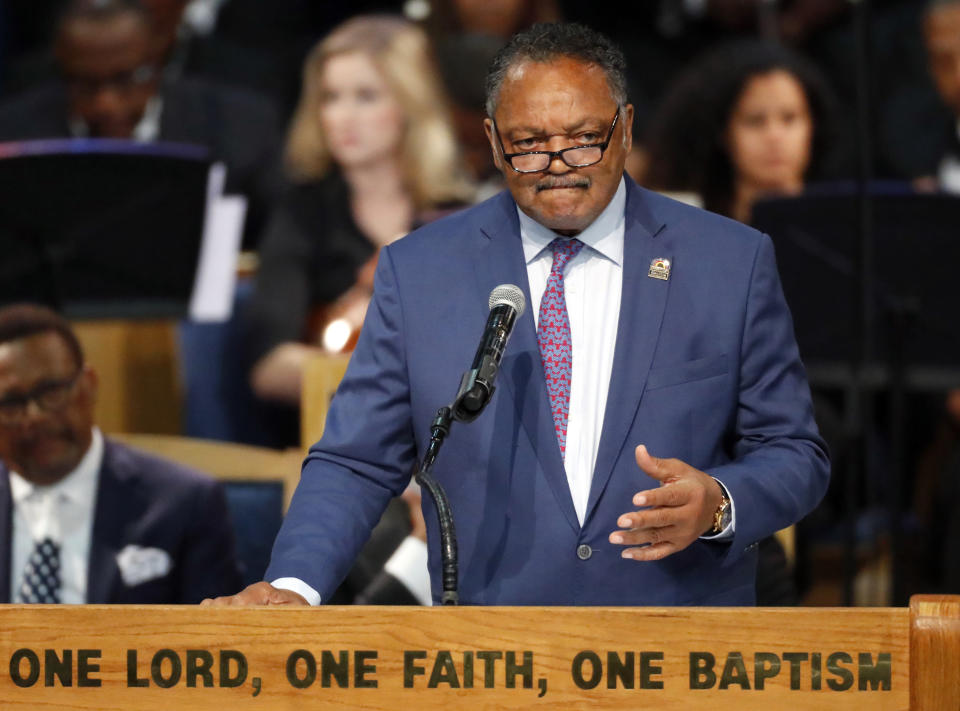 Rev. Jesse Jackson speaks during the funeral service for Aretha Franklin at Greater Grace Temple, Friday, Aug. 31, 2018, in Detroit. Franklin died Aug. 16, 2018 of pancreatic cancer at the age of 76. (AP Photo/Paul Sancya)