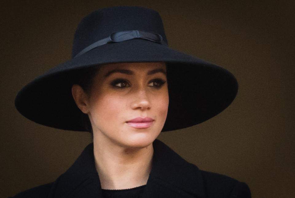 LONDON, ENGLAND - NOVEMBER 10: Meghan, Duchess of Sussex attends the annual Remembrance Sunday memorial at The Cenotaph on November 10, 2019 in London, England.  (Photo by Samir Hussein/WireImage)