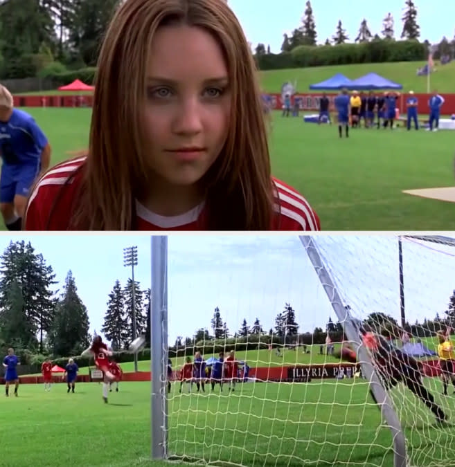 Amanda Bynes playing soccer with her hair down in "She's the Man"