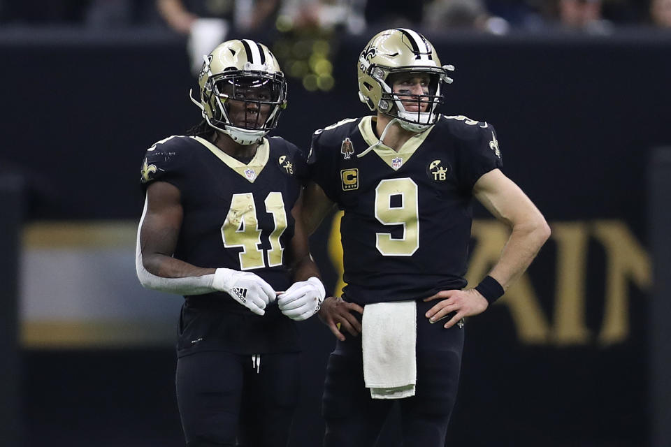 Drew Brees and Alvin Kamara took part in an NFL ad applauding Roger Goodell after their brutal loss to the Rams in the NFC championship. (Getty)