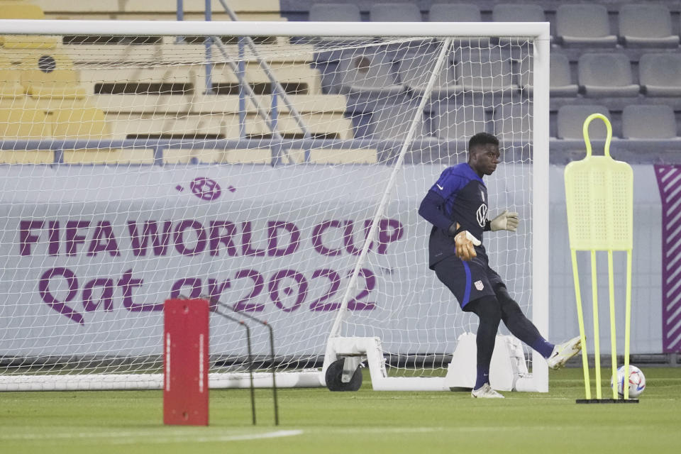 United States goal keeper Sean Johnson participates in an official training session at Al-Gharafa SC Stadium, in Doha, Saturday, Nov. 19, 2022. (AP Photo/Ashley Landis)