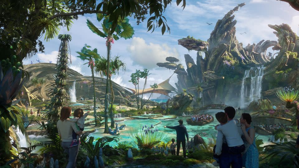 A rendering of a possible Avatar land shows guests in boats on an open lake. - Courtesy Disney