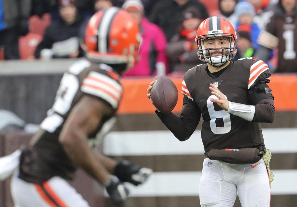 Cleveland Browns quarterback Baker Mayfield looks to get a third quarter pass to Rashard Higgins against the Detroit Lions on Sunday, Nov. 21, 2021 in Cleveland, Ohio, at FirstEnergy Stadium.  [Phil Masturzo/ Beacon Journal] 