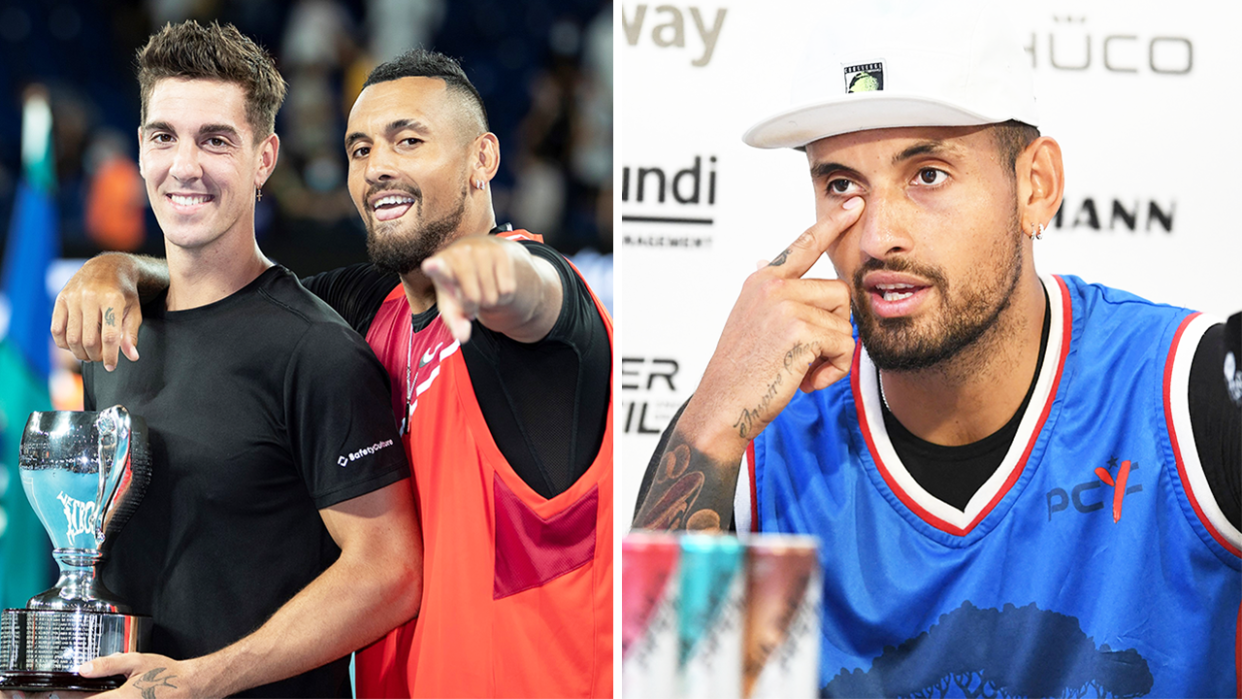 Aussie tennis star Nick Kyrgios (pictured right) during an interview and (pictured left) Kyrgios celebrates with Thanasi Kokkinakis.