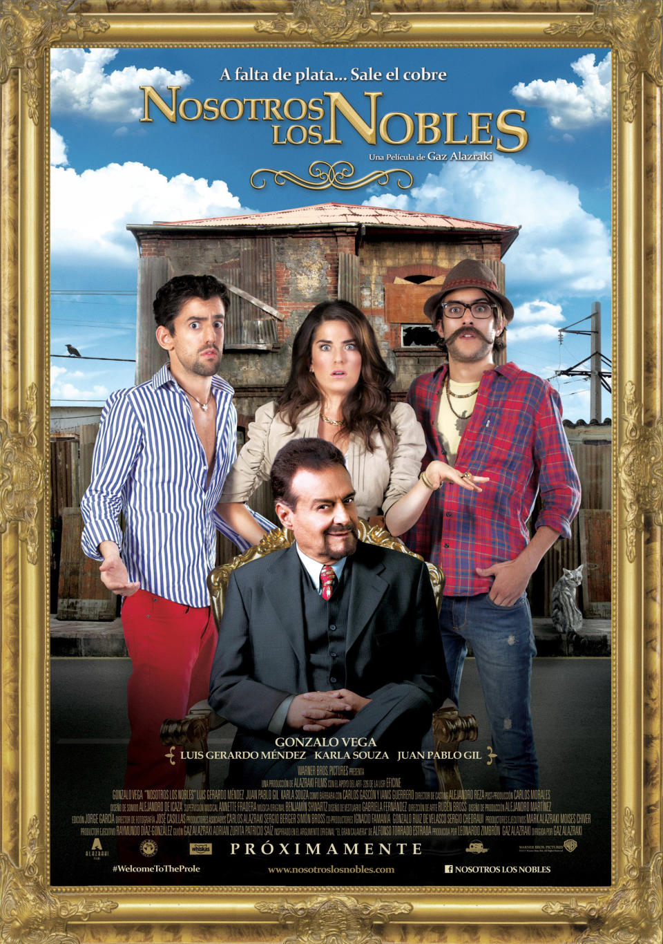 This undated promotional image released by Warner Bros. Studios shows actors, from left, Luis Gerardo Mendez, Karla Souza, Juan Pablo Gil and Gonzalo Vega in the movie "Nosotros los Nobles," or “We are the Nobles.” The Mexican riches-to-rags movie has opened to packed theaters in a country with one of the world's widest income gaps, and a love for laughing at misfortune. (AP Photo/Warner Bros. Studios)