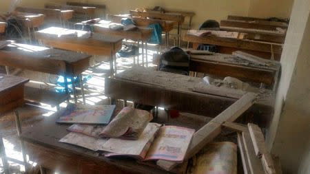 A view shows the damage inside a classroom after shelling by Syrian rebels on government-held western Aleppo, Syria in this handout picture provided by SANA on November 20, 2016. SANA/Handout via REUTERS
