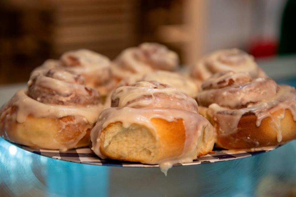 Cinnamon rolls for sale at Harvest Bay Artisan Bakery in Bay St. Louis on Thursday, Dec. 7, 2023.