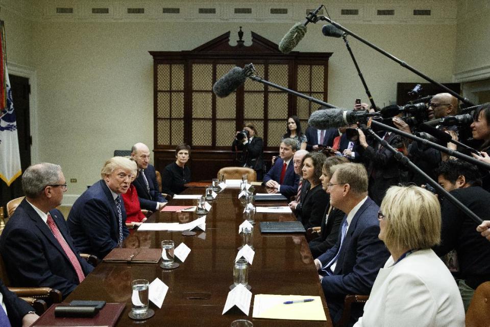 President Donald Trump speaks in the Roosevelt Room of the White House in Washington, Thursday, March 9, 2017, during a meeting with leaders from small community banks. (AP Photo/Evan Vucci)