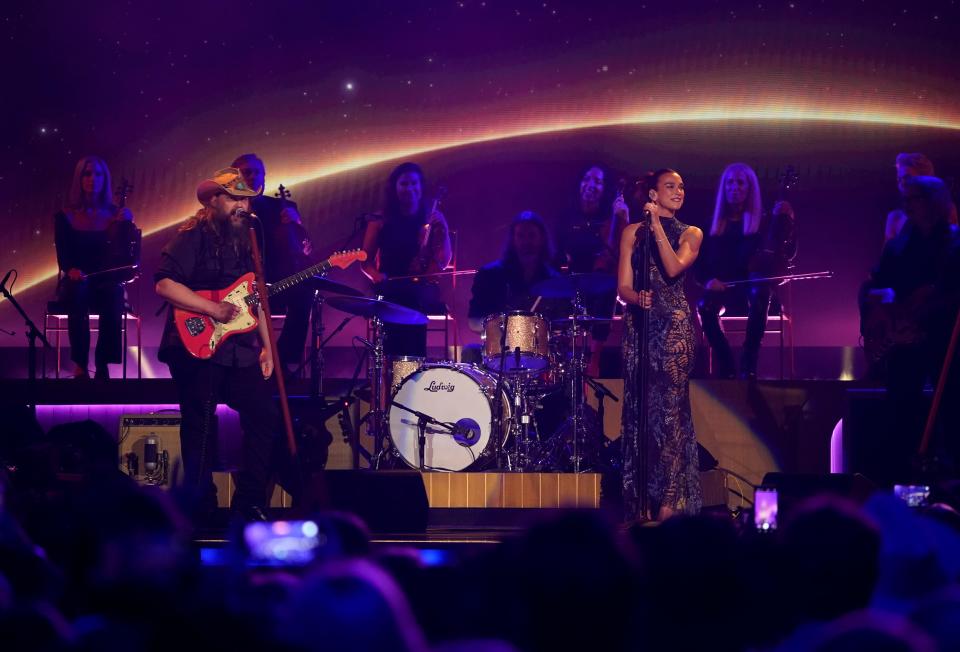 Chris Stapleton performs with Dua Lipa at the 59th ACM Awards at the Ford Center at the Star in Frisco, Texas, Thursday, May 16, 2024.