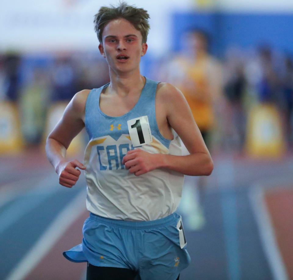 Cape Henlopen's Ryan Baker takes first place in the 3200 meter run during the DIAA state high school indoor track and field championships at Prince George's Sports and Learning Complex in Landover, Md., Saturday, Feb. 4, 2023.