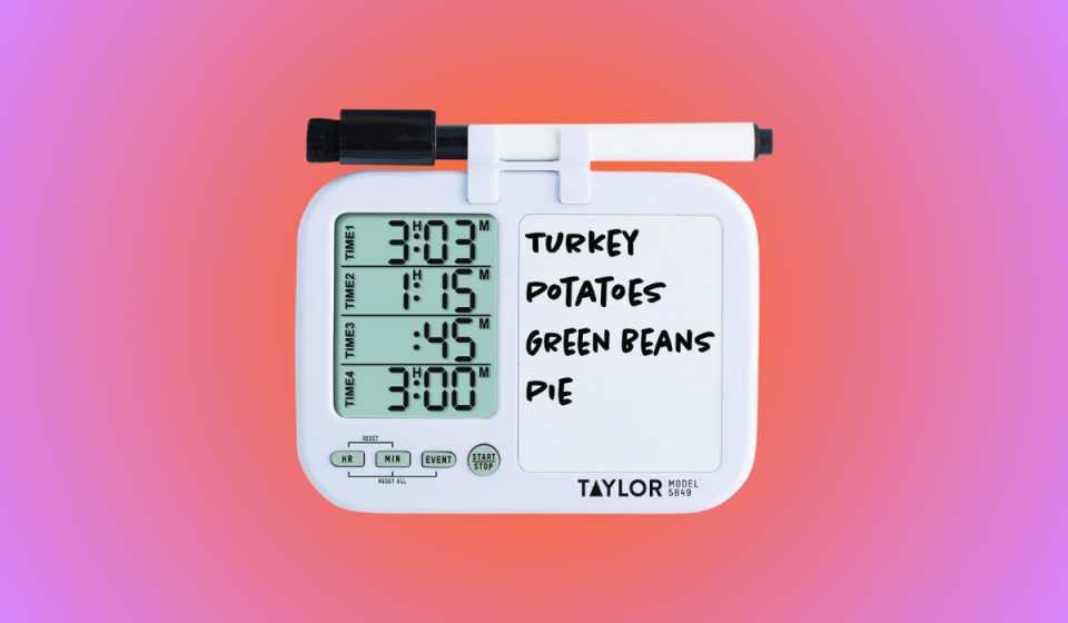 the kitchen timer with four countdowns running and thanksgiving dishes labeled on the whiteboard