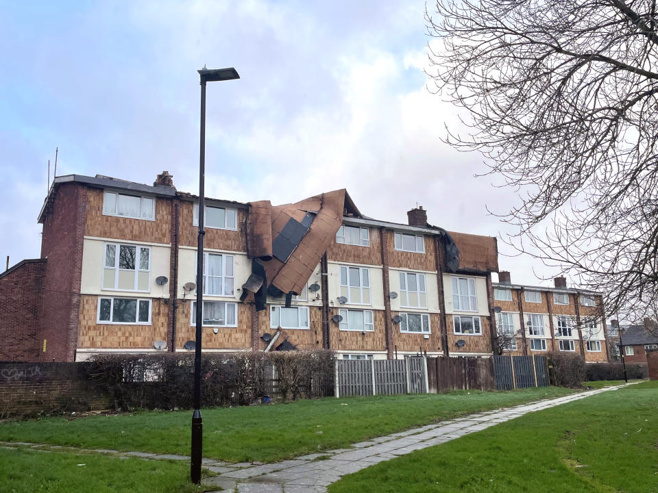 A block of flats in Lowedges, Sheffield was left damaged in Storm Pia. (PA)