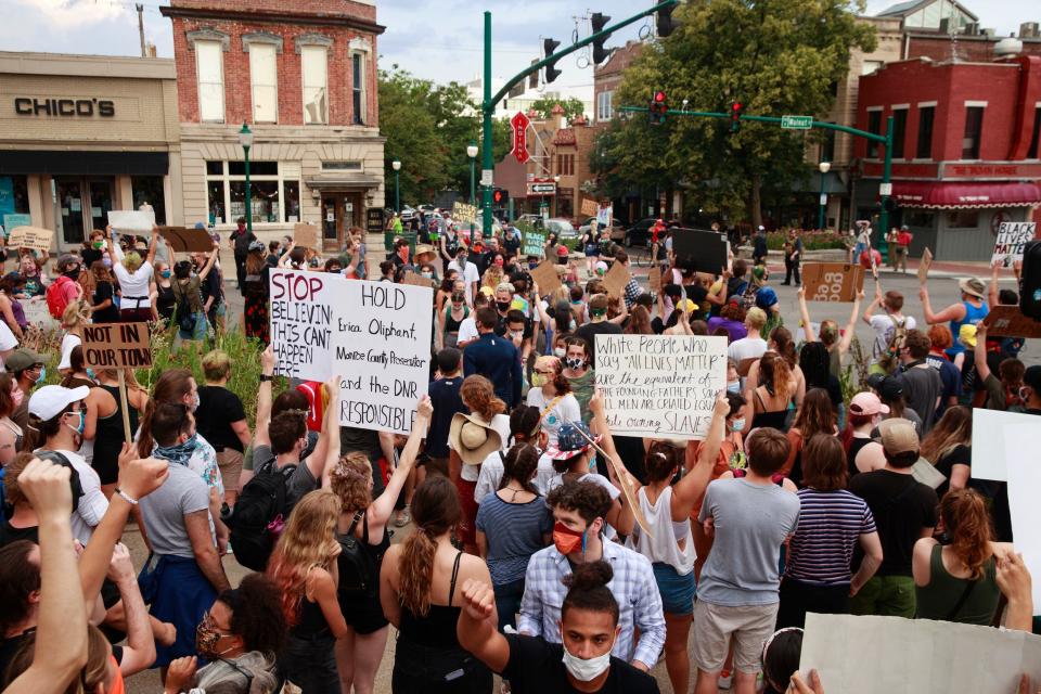 Protesters shutdown the intersection of Kirkwood and Walnut Street in Bloomington, Indiana, during the demonstration. Protesters are demanding justice for Vauhxx Booker, who was allegedly attacked at Lake Monroe on Saturday the 4th of July 2020.