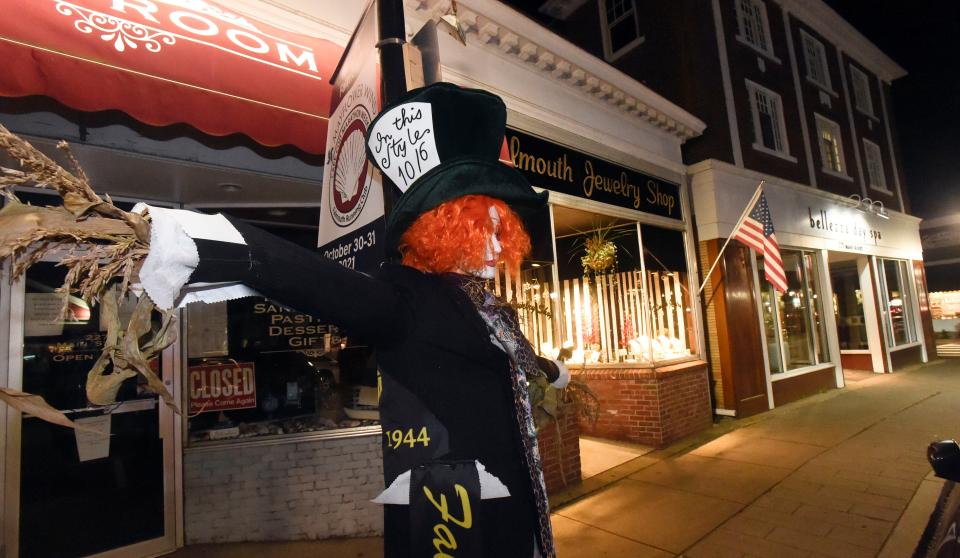 Halloween decorations line Main Stree in Falmouth during October 2021.