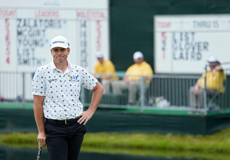 June 2, 2022; Dublin, Ohio, USA; Luke List waits to putt on Hole 16 during the first round of the Memorial Tournament held at Muirfield Village Golf Club in Dublin, Ohio, on June 2, 2022. Mandatory Credit: Barbara J. Perenic/Columbus Dispatch