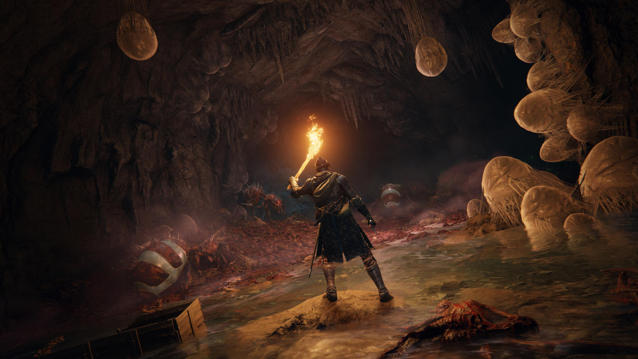  A character holding a torch in a cave. 