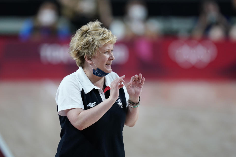 Serbia coach Marina Maljkovic directs her team during a women's basketball quarterfinal round game against China at the 2020 Summer Olympics, Wednesday, Aug. 4, 2021, in Saitama, Japan. (AP Photo/Charlie Neibergall)