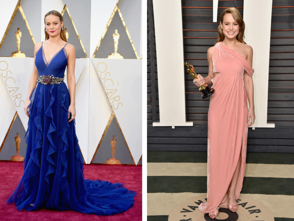 Before: Brie Larson in a custom Gucci gown. After: The Oscar winner clutching her gold statuette at the Vanity Fair Oscar Party in Monse Maison.