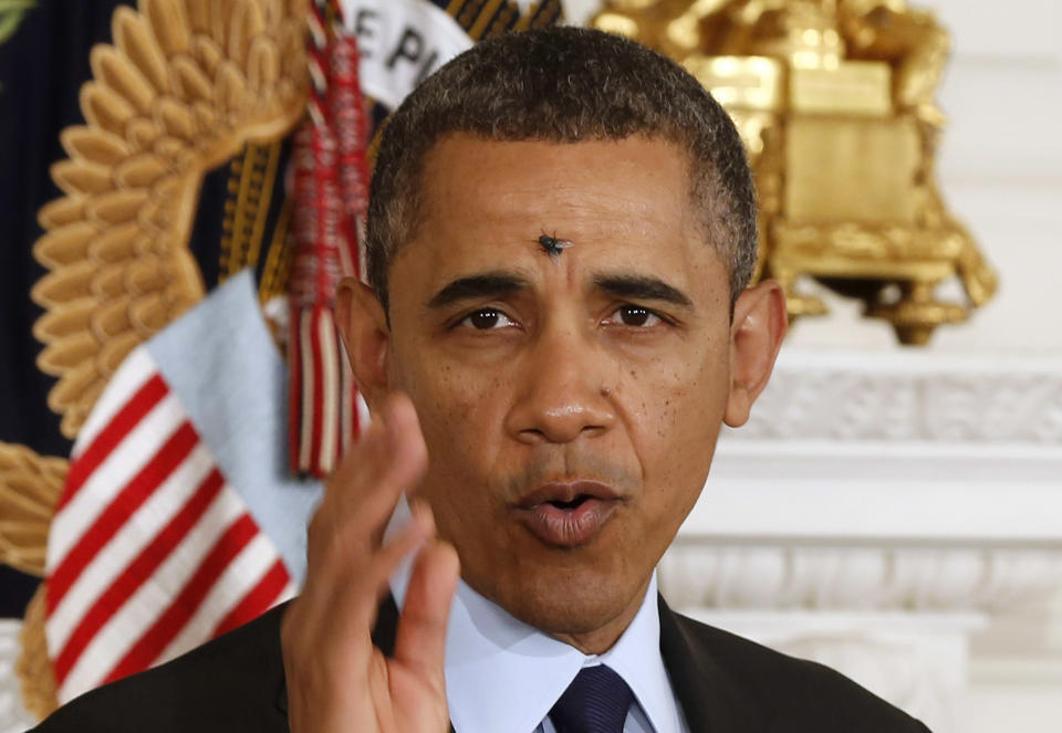 RNPS - PICTURES OF THE YEAR 2013 - A fly lands between the eyes of U.S. President Barack Obama while he speaks in the State Dining Room of the White House in Washington, January 24, 2013. REUTERS/Larry Downing (UNITED STATES - Tags: POLITICS ANIMALS TPX)