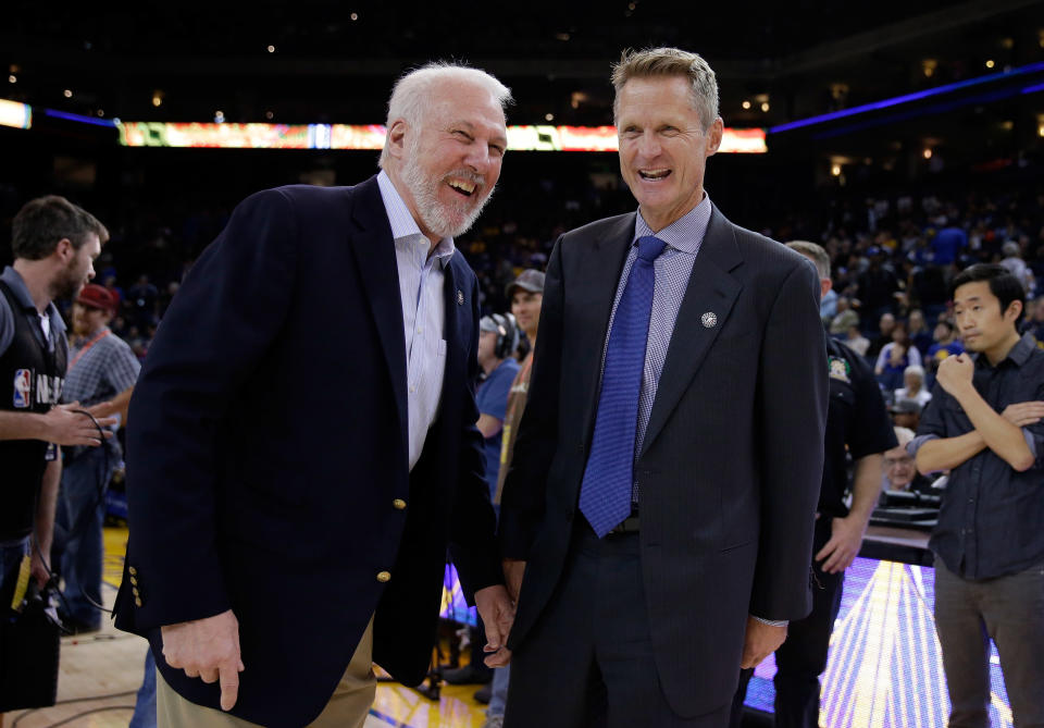 A presidential run isn’t likely for Gregg Popovich and Steve Kerr, though the idea isn’t going away. (Getty Images)