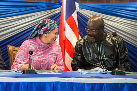 U.N. Deputy Secretary-General Amina Mohammed and Liberia's President George Weah, attend the closing ceremony of National Reconciliation Conference at the City Hall in Monrovia, Liberia March 22, 2018. Amina Mohammed is visiting the country to attend the celebrations of the completion of the UNMIL Mandate. Albert Gonzalez Farran/UNMIL/Handout via REUTERS THIS IMAGE HAS BEEN SUPPLIED BY A THIRD PARTY. NO RESALES. NO ARCHIVES