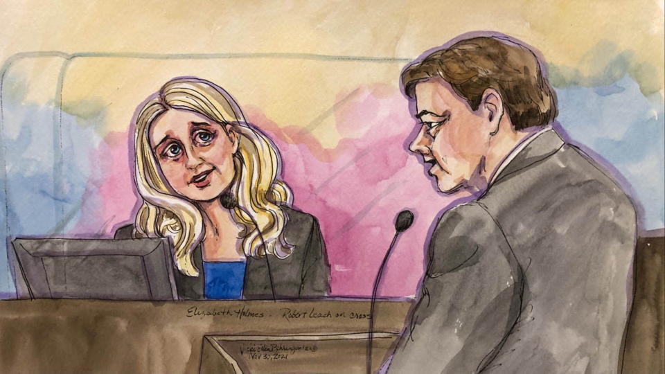 Theranos founder Elizabeth Holmes is cross examined by prosecutor Robert Leach at Robert F. Peckham U.S. Courthouse during her trial, in San Jose, California, U.S., November 30, 2021 in this courtroom sketch. REUTERS/Vicki Behringer