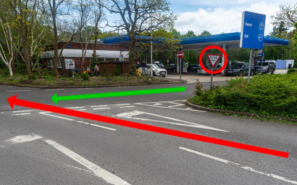 Arrows showing direction of travel Abbott (in red) and Mrs Isaacs (in green) outside the petrol station