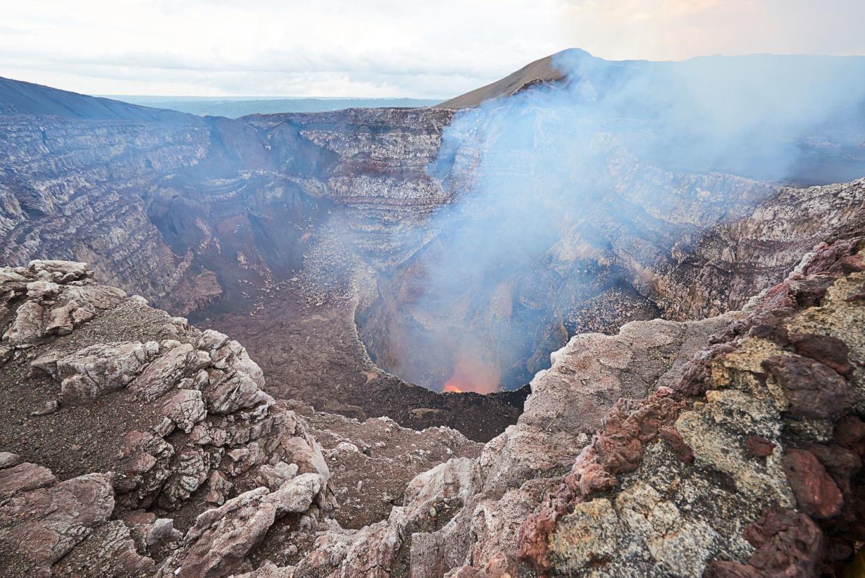 orange lava in bottom of masaya volcano in nicaragua