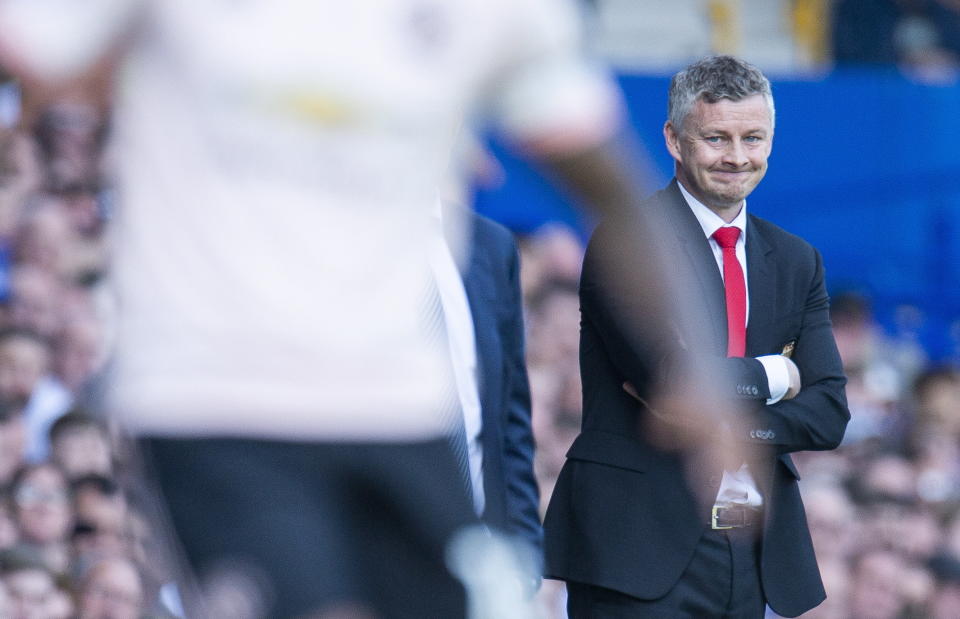 .. Liverpool (United Kingdom), 21/04/2019.- Manchester United manager Ole Gunnar Solskjaer reacts during the English Premier League soccer match between Everton and Manchester United held at Goodison Park in Liverpool, Britain, 21 April 2019. (Reino Unido) EFE/EPA/PETER POWELL EDITORIAL USE ONLY. No use with unauthorized audio, video, data, fixture lists, club/league logos or 'live' services. Online in-match use limited to 120 images, no video emulation. No use in betting, games or single club/league/player publications