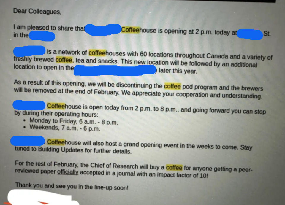 Notice from Good Earth Coffeehouse about a new opening at 686 Bay St. and details on discontinuing the coffee pod program. Operation hours and special events included