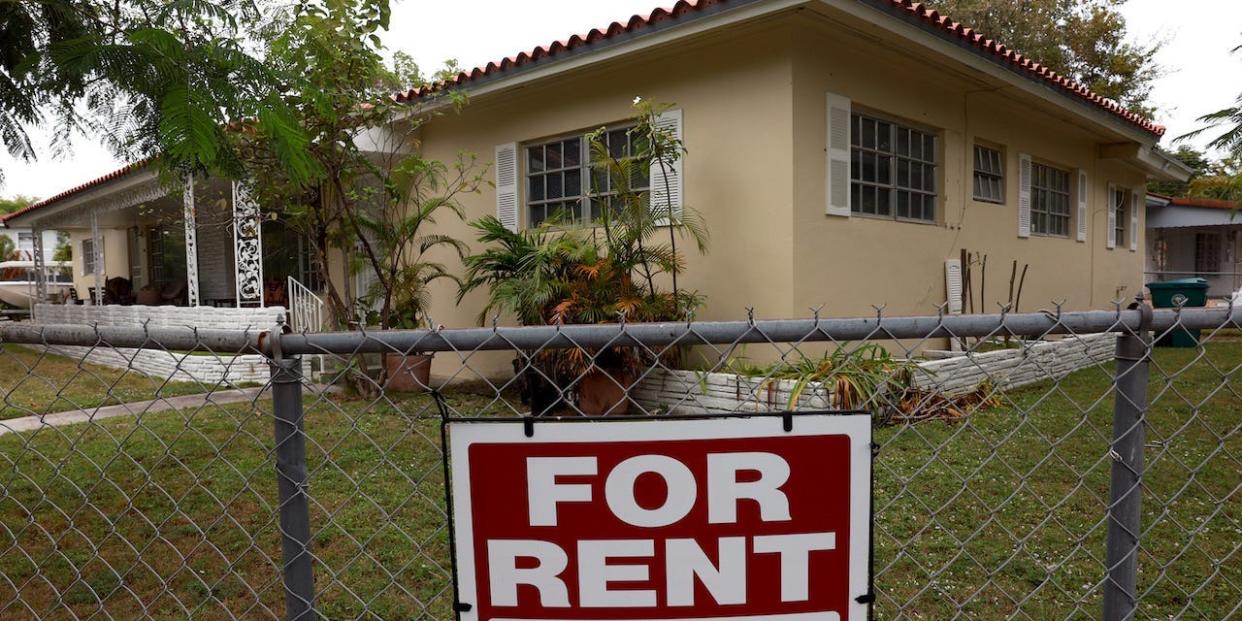 A "for rent" sign is posted in front of a home on December 12, 2023 in Miami, Florida.