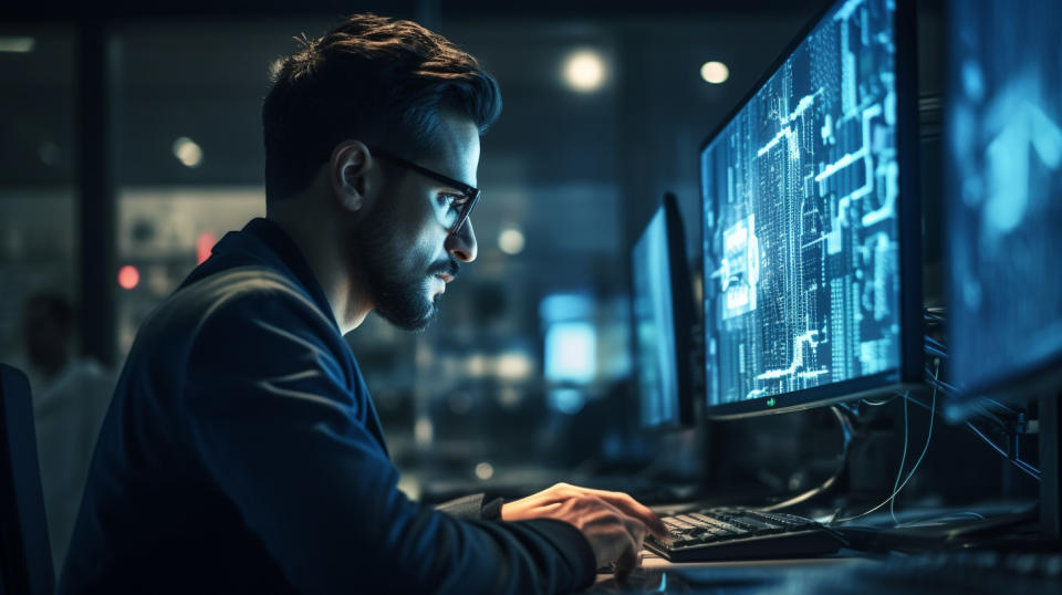 A close up of an engineer typing at a quantum computing station in a modern office space.