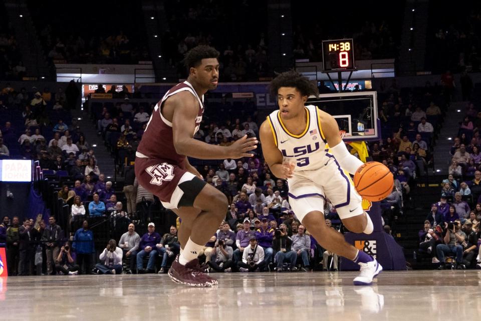 Jan 20, 2024; Baton Rouge, Louisiana, USA; LSU Tigers guard Jalen Cook (3) dribbles against the Texas A&M Aggies during the first half at Pete Maravich Assembly Center. Mandatory Credit: Stephen Lew-USA TODAY Sports
