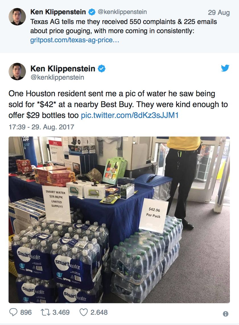 <p>Dass das Unternehmen “Best Buy“ in einer Filiale in Houston in den USA nach dem Hurrikan Harvey ein 24-Liter-Paket Wasser für stolze 42 Dollar verkaufte, kam gar nicht gut an. Nachdem ein Journalist ein Foto des Angebots auf Twitter geteilt hatte, erntete die Kette einen kräftigen Shitstorm. “Menschen brauchen Hilfe, schämt euch!“, schrieb die Internetgemeinde empört. (Bild: Screenshot Twitter) </p>